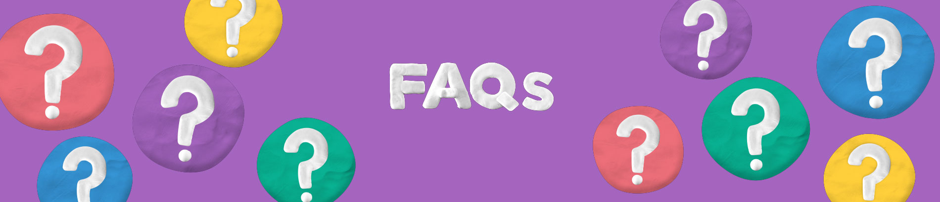 Plasticine background with question marks under page heading FAQs